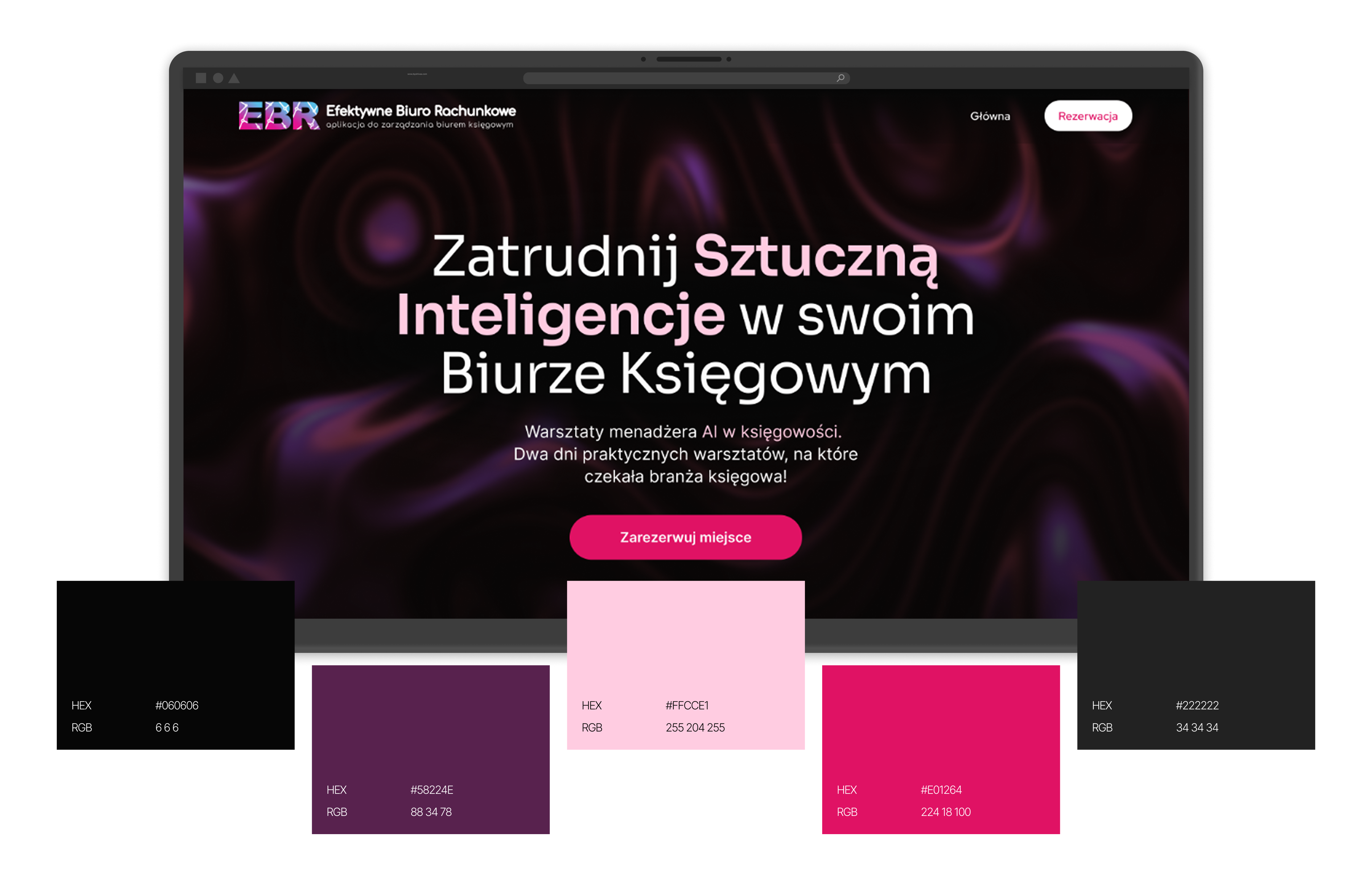 EBR landing page color palette over the hero: black, purple, light pink and magenta with HEX and RGB values