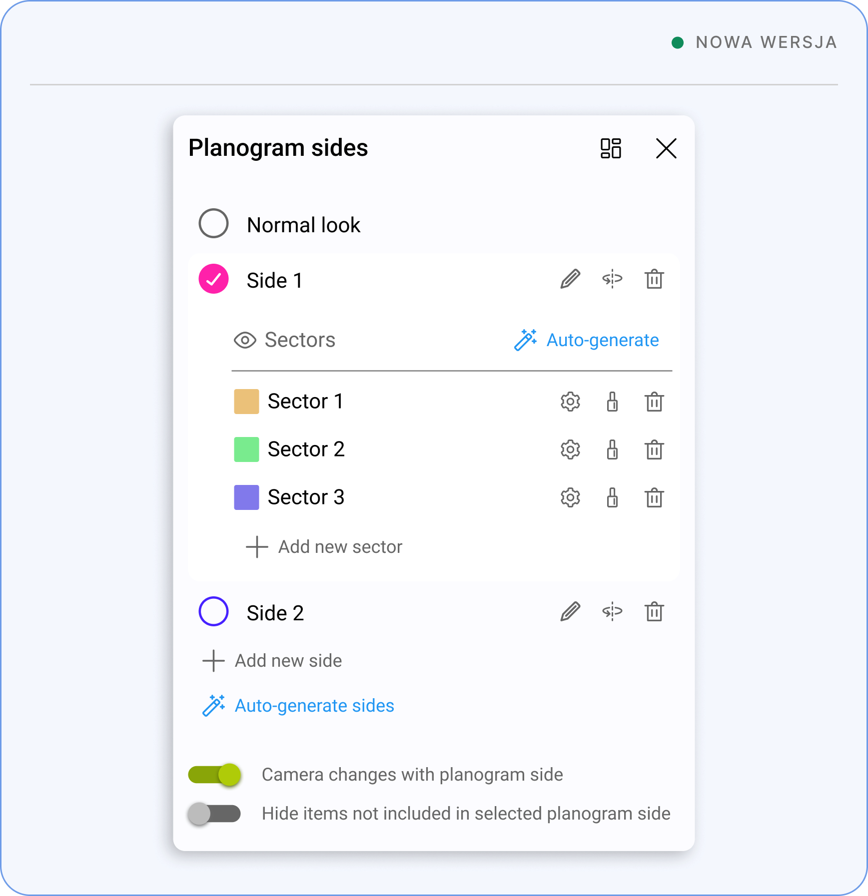 New version of the Planogram sides panel — a tidy, consistent list