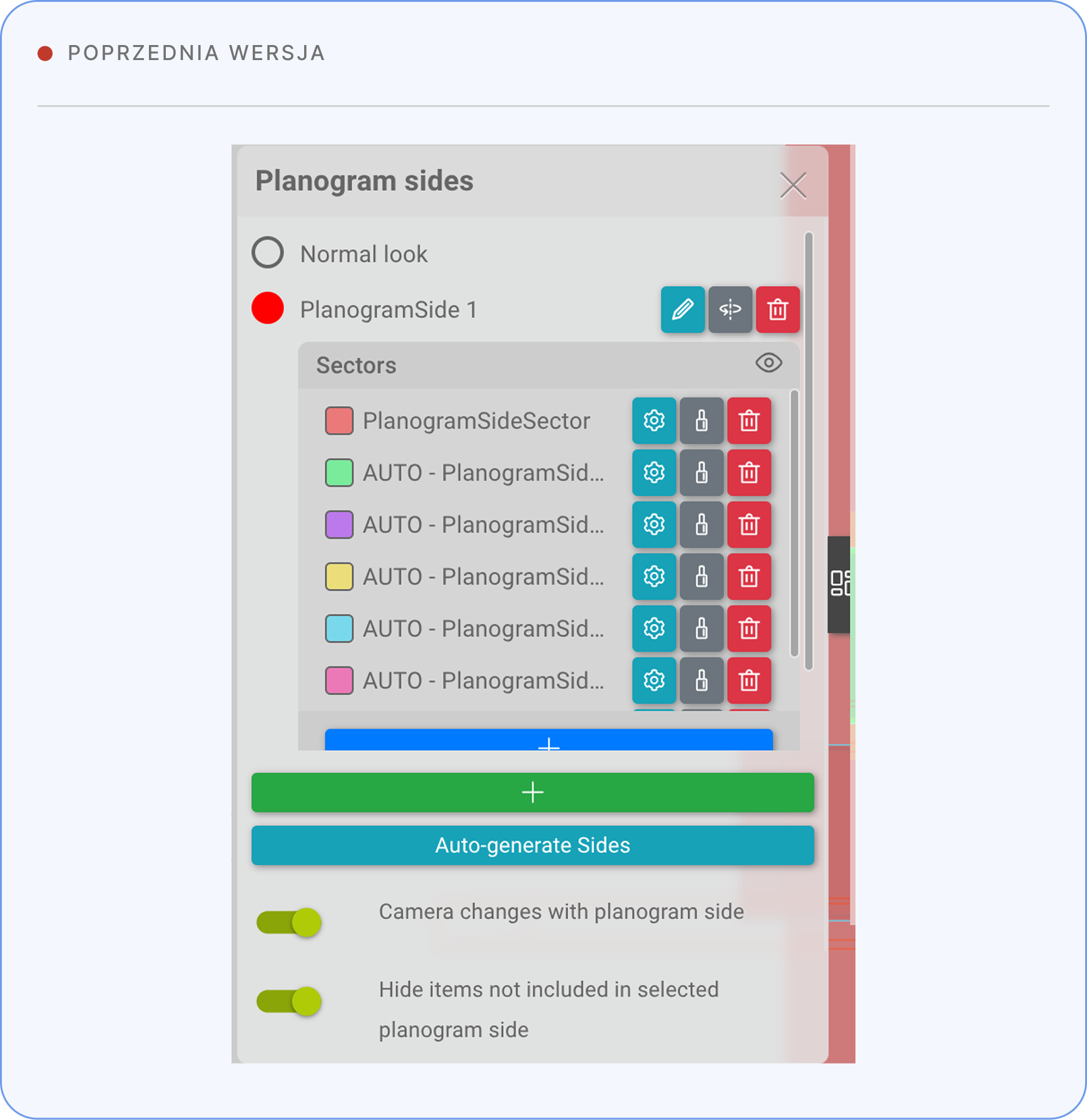 Previous version of the Planogram sides panel — a cluttered layout with colorful buttons