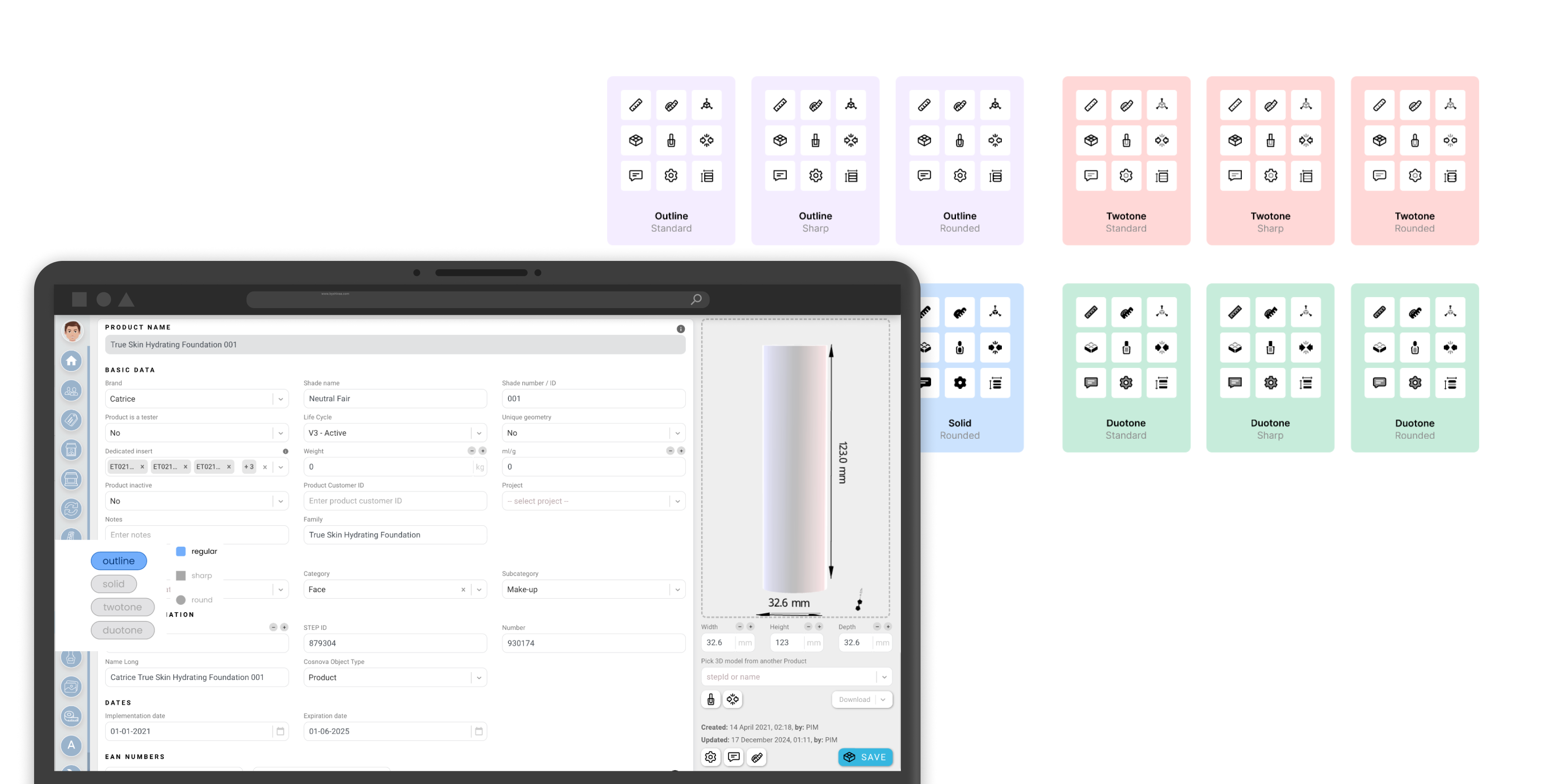 Exploring and testing Eplano icon styles — an outline / solid / twotone / duotone switcher in the live app, plus a matrix of variants (standard, sharp, rounded)