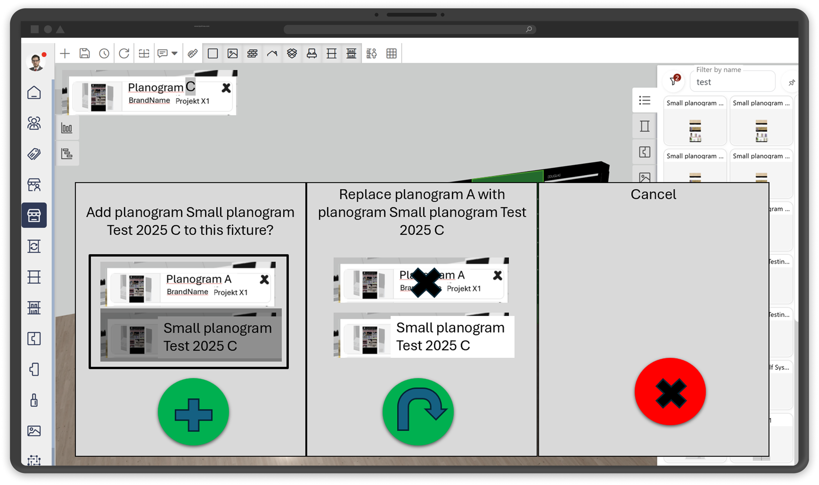 Early iteration of the 'Choose option' dialog — a raw layout with large, colorful add / replace / cancel buttons