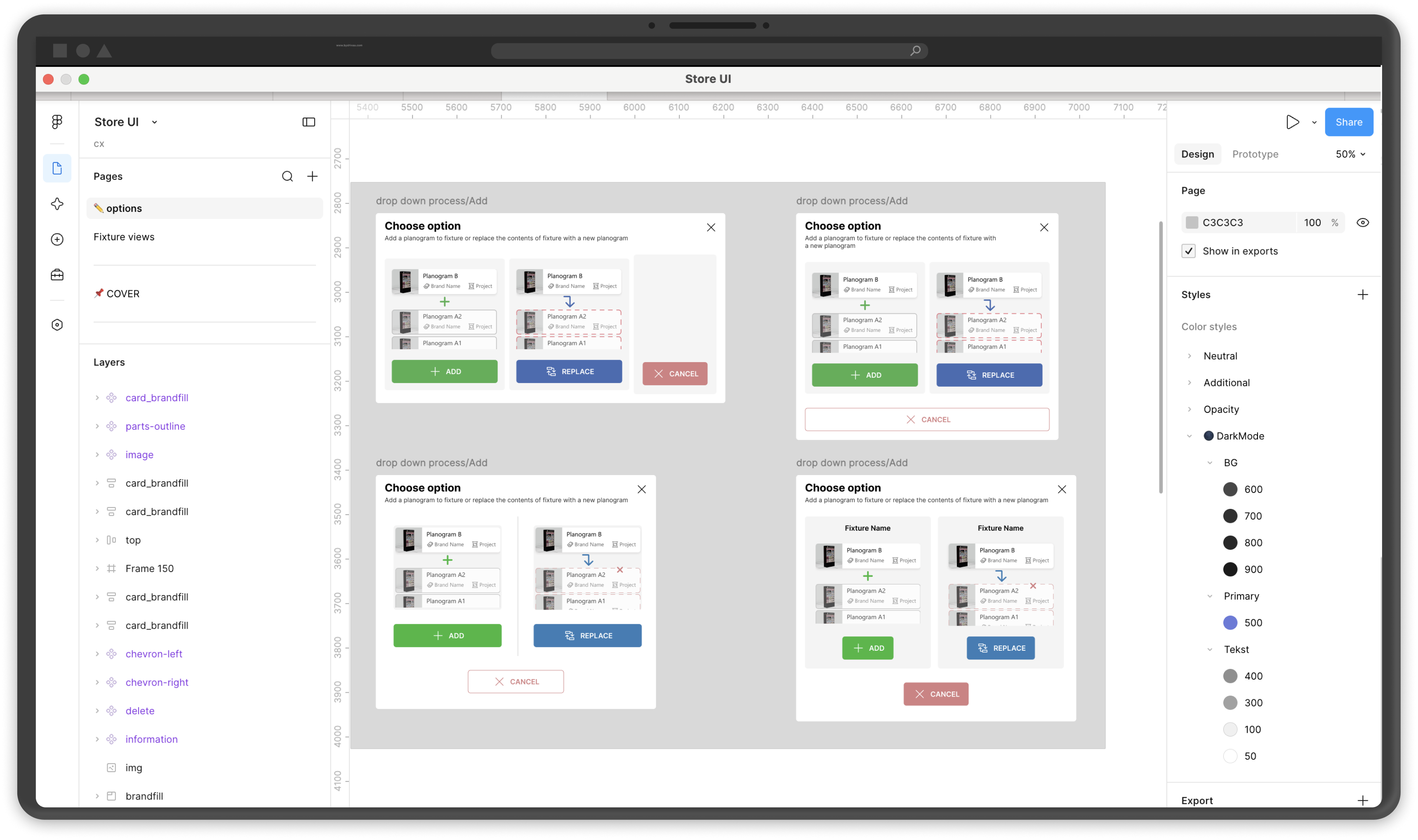 Hi-fi variants of the 'Choose option' dialog — comparing several layouts of the Add / Replace / Cancel cards